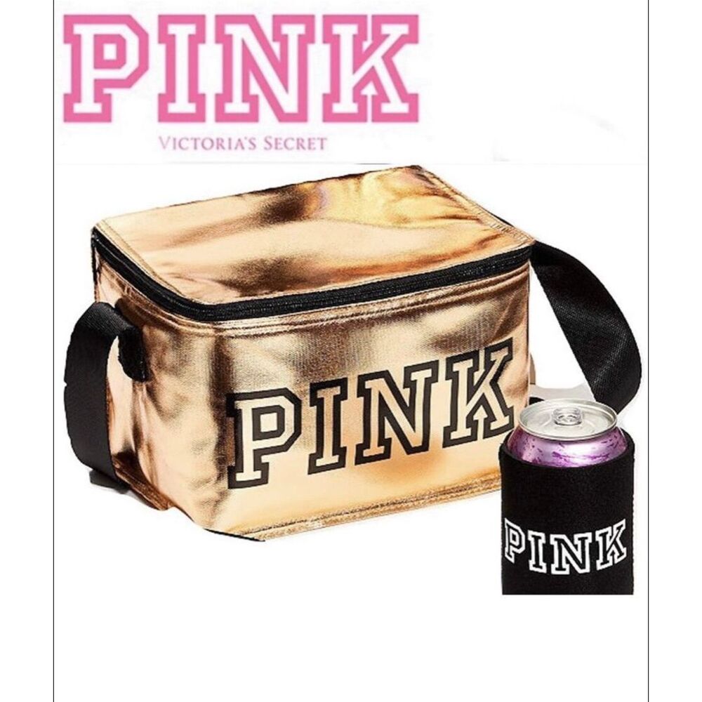 New Victoria's Secret Pink Gold Metallic Cooler Lunch Box Bag with Black Coozie